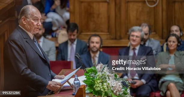 Shah Karim Al-Hussaini, Prince Aga Khan IV delivers the keynote speech in the senate hemicycle during the welcoming ceremony at the parliament within...