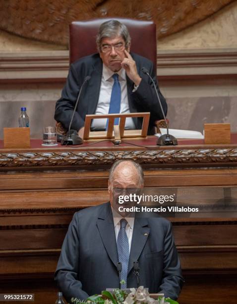 The President of the Assembleia da Republica , Eduardo Ferro Rodrigues listens to Shah Karim Al-Hussaini, Prince Aga Khan IV delivering the keynote...