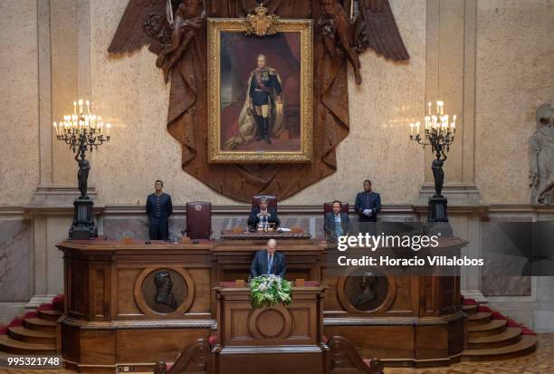 The President of the Assembleia da Republica , Eduardo Ferro Rodrigues and the Mayor of Lisbon Fernando Medina listen to Shah Karim Al-Hussaini,...