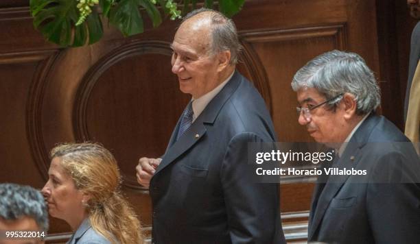 Shah Karim Al-Hussaini, Prince Aga Khan IV leaves followed by the President of the Assembleia da Republica , Eduardo Ferro Rodrigues at the end of...