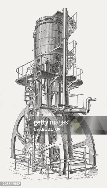 vertical blowing engine, american product, wood engraving, published in 1897 - steam machine stock illustrations