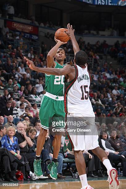 Ray Allen of the Boston Celtics makes a jumpshot against John Salmons of the Milwaukee Bucks on March 9, 2010 at the Bradley Center in Milwaukee,...