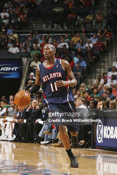 Jamal Crawford of the Atlanta Hawks drives the ball against the Charlotte Bobcats during the game on April 6, 2010 at the Time Warner Cable Arena in...
