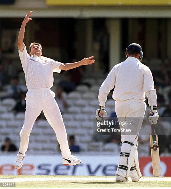 Glenn McGrath celebrates the wicket of Marcus Trescothick of England during the 5th day of the 5th Ashes Test between England and Australia at The...