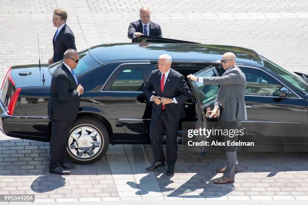 Vice President Mike Pence and Supreme Court nominee Brett Kavanaugh, arrive at the U.S. Capitol on July 10, 2018 in Washington, DC. U.S. President...