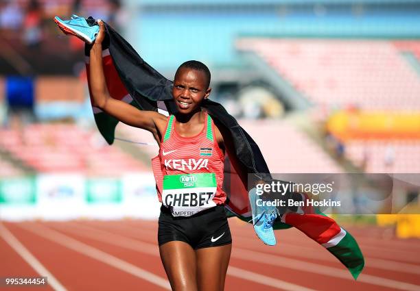 Beatrice Chebet of Kenya celebrates after winning the women's 5000m final during day one of The IAAF World U20 Championships on July 10, 2018 in...