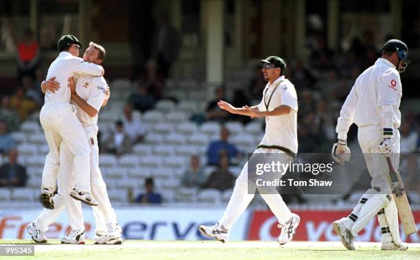 Australia celebrates the wicket of Marcus Trescothick of England during the 5th day of the 5th Ashes Test between England and Australia at The AMP...