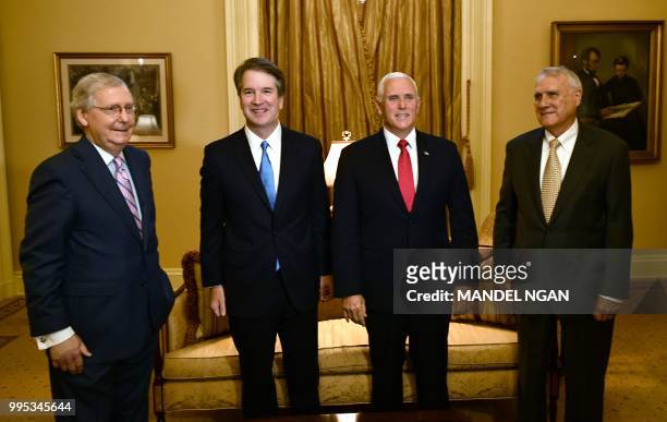 Senate Majority Leader Mitch McConnell, Supreme Court associate justice nominee Brett Kavanaugh, US Vice President Mike Pence and former US Senator...