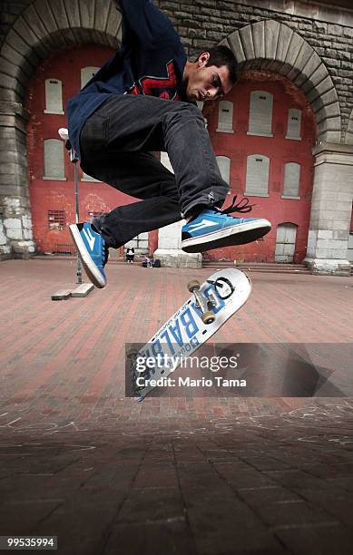 Frederic Lauziere skates at the famed Brooklyn Banks skate park May 14, 2010 in New York City. The area beneath the Brooklyn Bridge has been beloved...