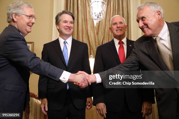 Senate Majority Leader Mitch McConnell , Judge Brett Kavanaugh, Vice President Mike Pence and former Sen. Jon Kyl greet one another before a meeting...