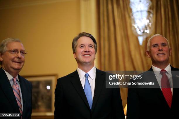 Senate Majority Leader Mitch McConnell , Judge Brett Kavanaugh and Vice President Mike Pence pose for photographs before a meeting in McConnell's...