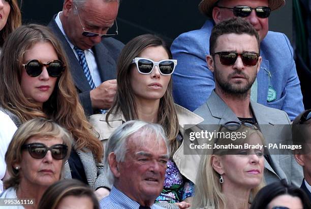 Justin Timberlake and Jessica Biel in the stands of centre court watching Serena Williams in action on day eight of the Wimbledon Championships at...