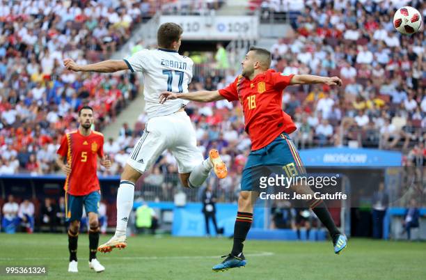 Roman Zobnin of Russia, Jordi Alba of Spain during the 2018 FIFA World Cup Russia Round of 16 match between Spain and Russia at Luzhniki Stadium on...