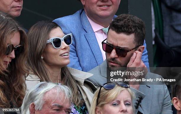 Justin Timberlake and Jessica Biel in the stands of centre court watching Serena Williams in action on day eight of the Wimbledon Championships at...