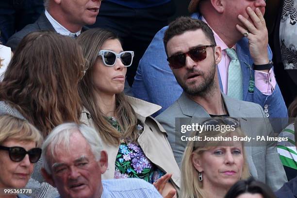 Justin Timberlake and Jessica Biel in the stands of centre court watching Serena Williams in action on day eight of the Wimbledon Championships at...