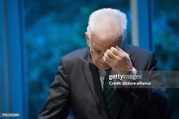 Premier of Baden-Wuerttemberg Winfried Kretschmann pictured after giving a statement on the projections on the outcome of the German election at the...