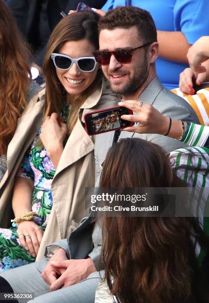 Justin Timberlake and his wife Jessica Biel attend day eight of the Wimbledon Lawn Tennis Championships at All England Lawn Tennis and Croquet Club...