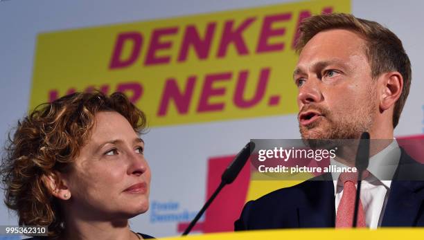 Christian Lindner, FDP leader and prime candidate, reacts to the projections on the outcome of the German election while FDP Secretary General Nicola...
