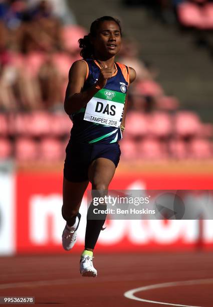 Hima Das of India in action during heat 4 of the women's 400m heats on day one of The IAAF World U20 Championships on July 10, 2018 in Tampere,...