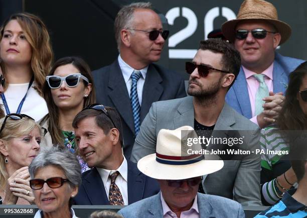 Justin Timberlake and Jessica Biel in the stands of centre court watching Serena Williams on day eight of the Wimbledon Championships at the All...
