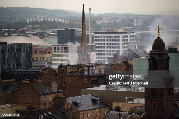 Skyline view before work begins on the demolition of the burnt-out Glasgow Art School on July 10, 2018 in Glasgow, Scotland. The grade A listed...