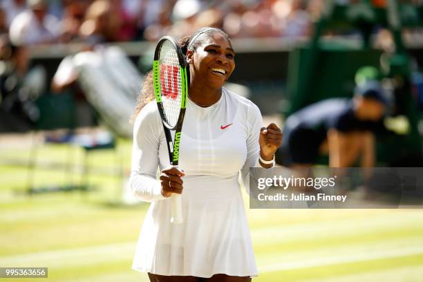 Serena Williams of the United States celebrates winning her Ladies' Singles Quarter-Finals match against Camila Giorgi of Italy on day eight of the...