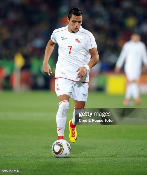 Alexis Sanchez of Chile in action during the FIFA World Cup Round of 16 match between Brazil and Chile at Ellis Park on June 28, 2010 in...