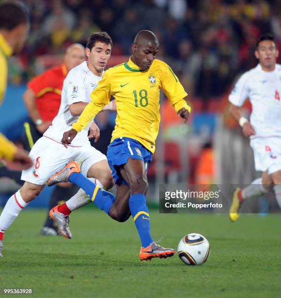 Ramires of Brazil in action during the FIFA World Cup Round of 16 match between Brazil and Chile at Ellis Park on June 28, 2010 in Johannesburg,...