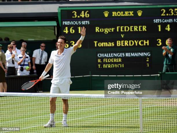 Tomas Berdych of the Czech Republic celebrates after beating Roger Federer of Switzerland in the Mens Singles Quarter Final on day nine of the 2010...