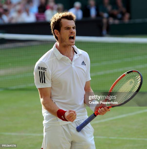 Andy Murray of Great Britain celebrates after beating Jo-Wilfried Tsonga of France in the Mens Singles Quarter Final on day nine of the 2010...