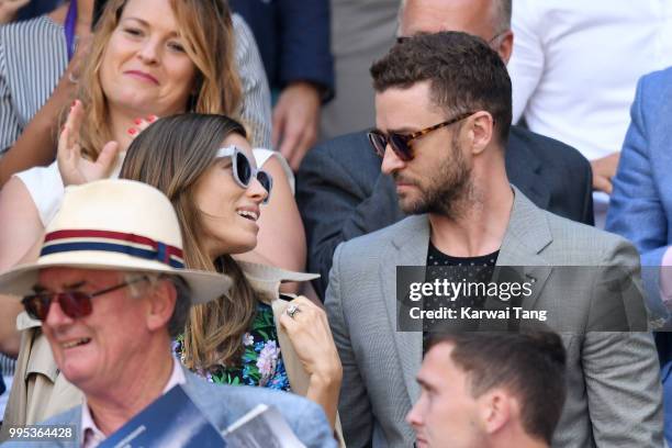 Jessica Biel and Justin Timberlake attend day eight of the Wimbledon Tennis Championships at the All England Lawn Tennis and Croquet Club on July 10,...