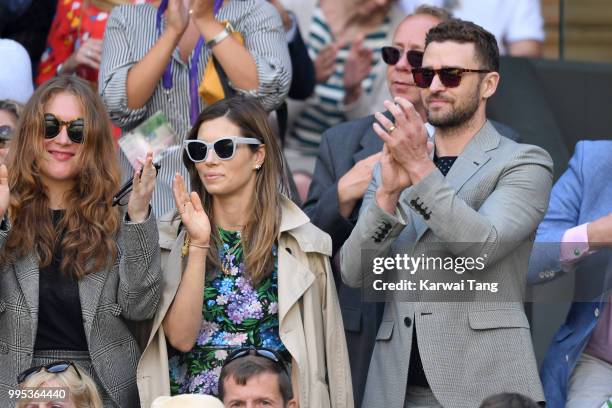 Jessica Biel and Justin Timberlake attend day eight of the Wimbledon Tennis Championships at the All England Lawn Tennis and Croquet Club on July 10,...