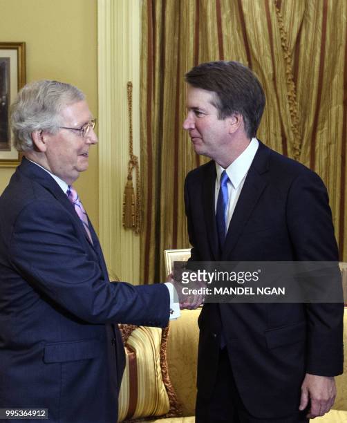 Senate Majority Leader Mitch McConnell and Supreme Court associate justice nominee Brett Kavanaugh shake hands in McConnell's office at the US...