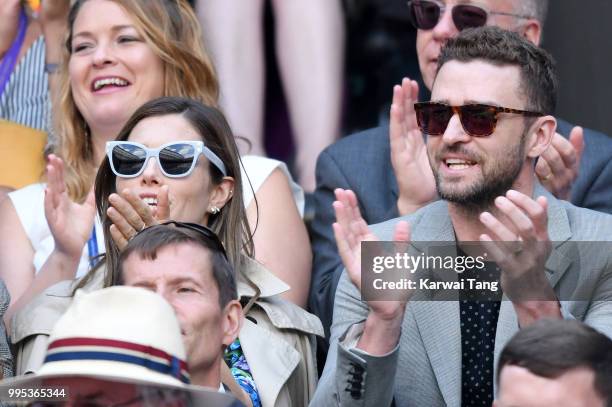 Jessica Biel and Justin Timberlake attend day eight of the Wimbledon Tennis Championships at the All England Lawn Tennis and Croquet Club on July 10,...