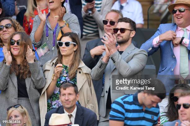 Jessica Biel and Justin Timberlake attend day eight of the Wimbledon Tennis Championships at the All England Lawn Tennis and Croquet Club on July 10,...