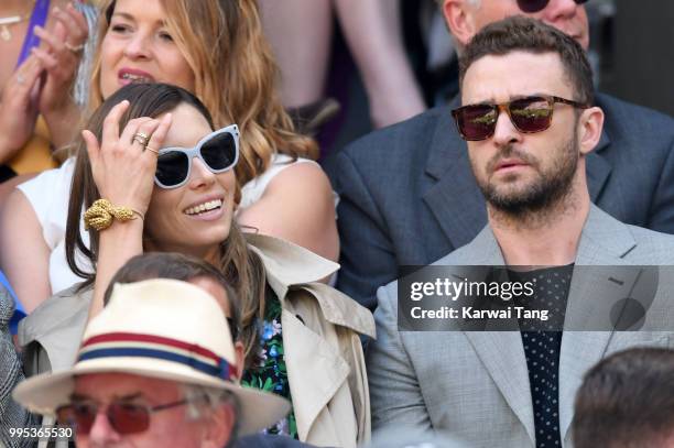 Jessica Biel and Justin Timberlake attend day eight of the Wimbledon Tennis Championships at the All England Lawn Tennis and Croquet Club on July 10,...