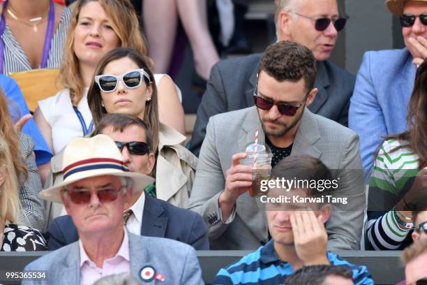 Jessica Biel and Justin Timberlake attend day eight of the Wimbledon Tennis Championships at the All England Lawn Tennis and Croquet Club on July 10,...