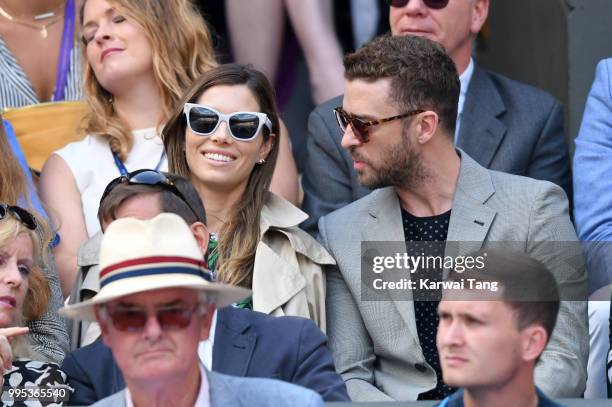 Jessica Biel and Justin Timberlake attend day eight of the Wimbledon Tennis Championships at the All England Lawn Tennis and Croquet Club on July 10,...