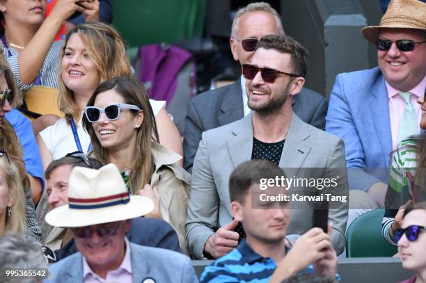 Jessica Biel and Justin Timberlake attend day eight of the Wimbledon Tennis Championships at the All England Lawn Tennis and Croquet Club on July 10,...