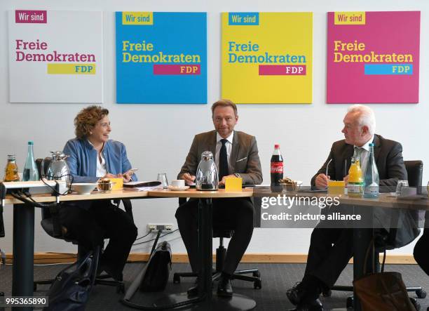 General secretary Nicola Beer , chairman and top candidate Christian Lindner and vice-chairman Wolfgang Kubicki take part in the constitutive meeting...