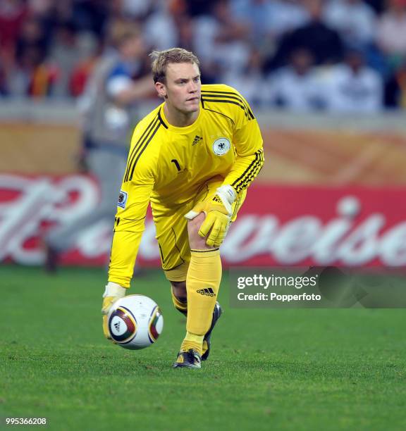 Manuel Neuer of Germany in action during the FIFA World Cup Semi Final between Germany and Spain at the Moses Mabhida Stadium on July 7, 2010 in...