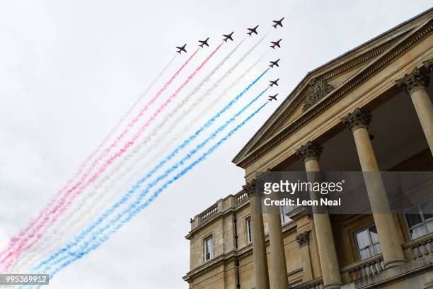 The RAF Red Arrows are seen as they perform a flypast to mark 100 years since the formation of the RAF, ahead of the Western Balkans Summit 2018 at...