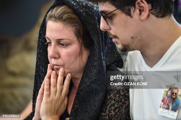 Misra Oz mother of Oguz Arda Sel victim of a train accident, mourns during his son's funeral ceremony on July 10, 2018 at Uzunkopru district in...