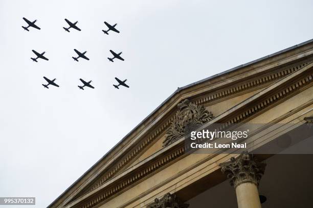 Formation of aircraft are seen as they perform a flypast to mark 100 years since the formation of the RAF, ahead of the Western Balkans Summit 2018...