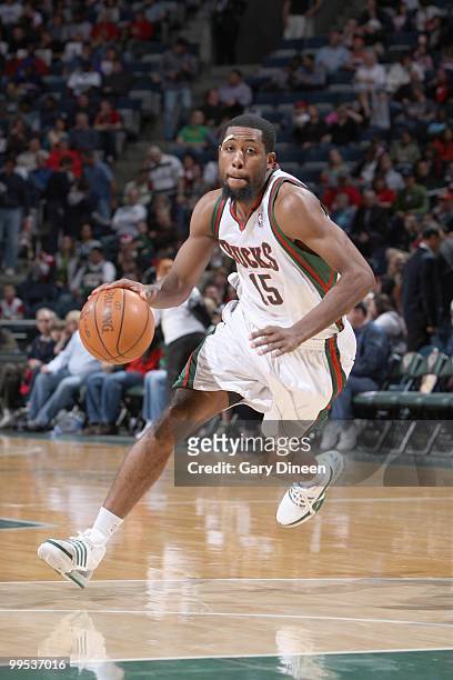 John Salmons of the Milwaukee Bucks drives the ball against the Phoenix Suns on April 3, 2010 at the Bradley Center in Milwaukee, Wisconsin. NOTE TO...