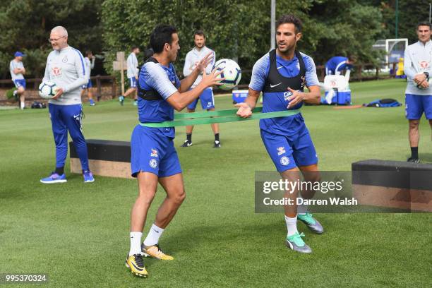 Pedro and Cesc Fabregas of Chelsea during a training session at Chelsea Training Ground on July 10, 2018 in Cobham, England.