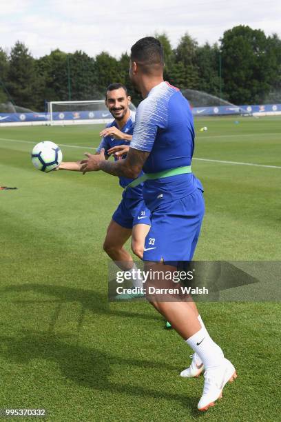 Davide Zappacosta of Chelsea during a training session at Chelsea Training Ground on July 10, 2018 in Cobham, England.