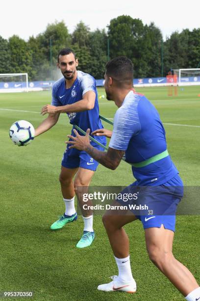 Emerson and Davide Zappacosta of Chelsea during a training session at Chelsea Training Ground on July 10, 2018 in Cobham, England.