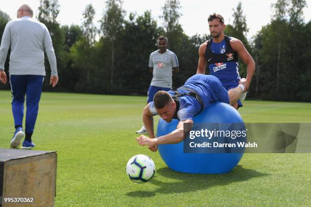 Danny Drinkwater and Ross Barkley of Chelsea during a training session at Chelsea Training Ground on July 10, 2018 in Cobham, England.