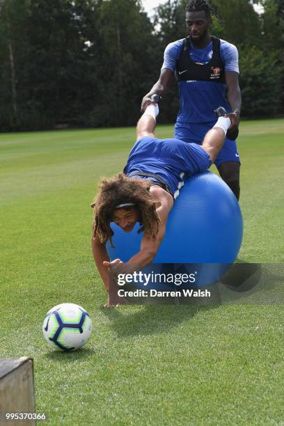 Ethan Ampadu and Tiemoue Bakayoko of Chelsea during a training session at Chelsea Training Ground on July 10, 2018 in Cobham, England.